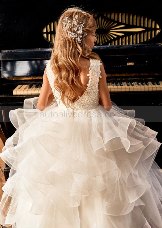 Beaded White Lace Tulle V Back Ruffled Flower Girl Dress